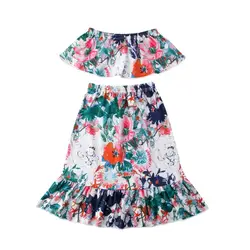 Новый Детское платье для маленьких девочек с рукавом-бабочкой футболки Tank цветочные юбки 2 шт. комплект Пуловер для маленьких девочек