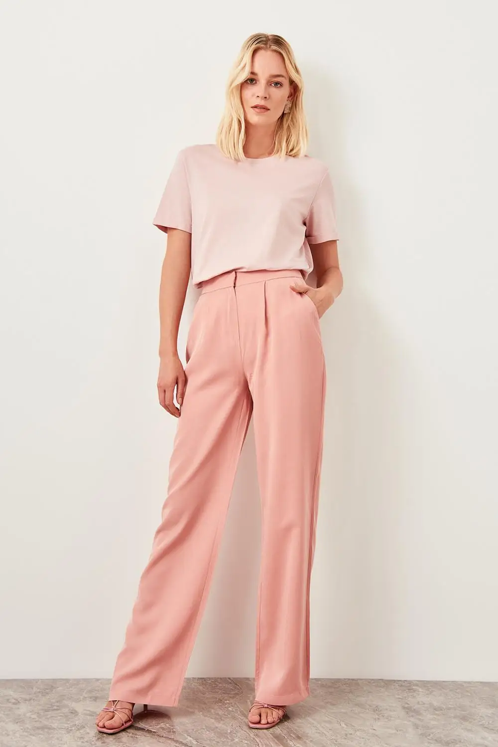Spring Office Lady Workear Pants Trendyol Salmon Pink High Waist Straight Leg Pants Lyocell Women's Trousers