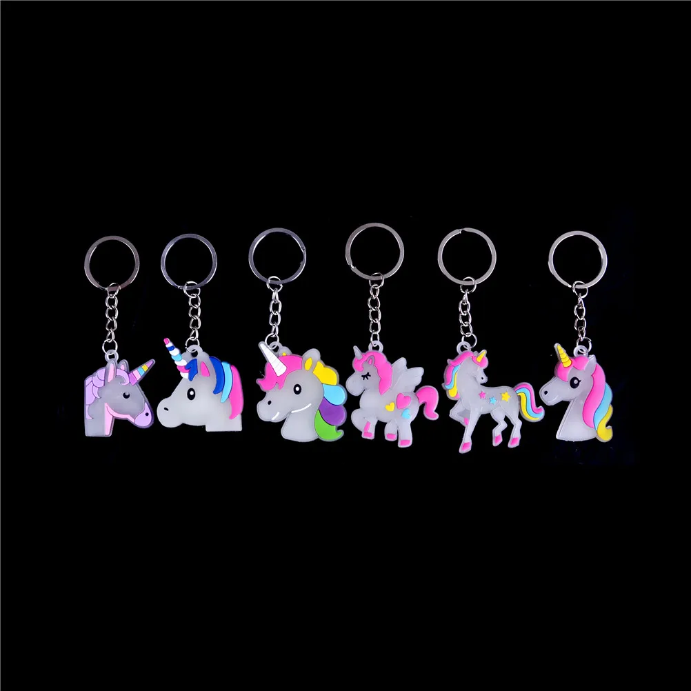 6pcs glow in dark Cute Fairytale PVC Unicorn Keychain Multi-style Horse Key Holder Alloy Key Ring For Woman Girls Gift Jewelry