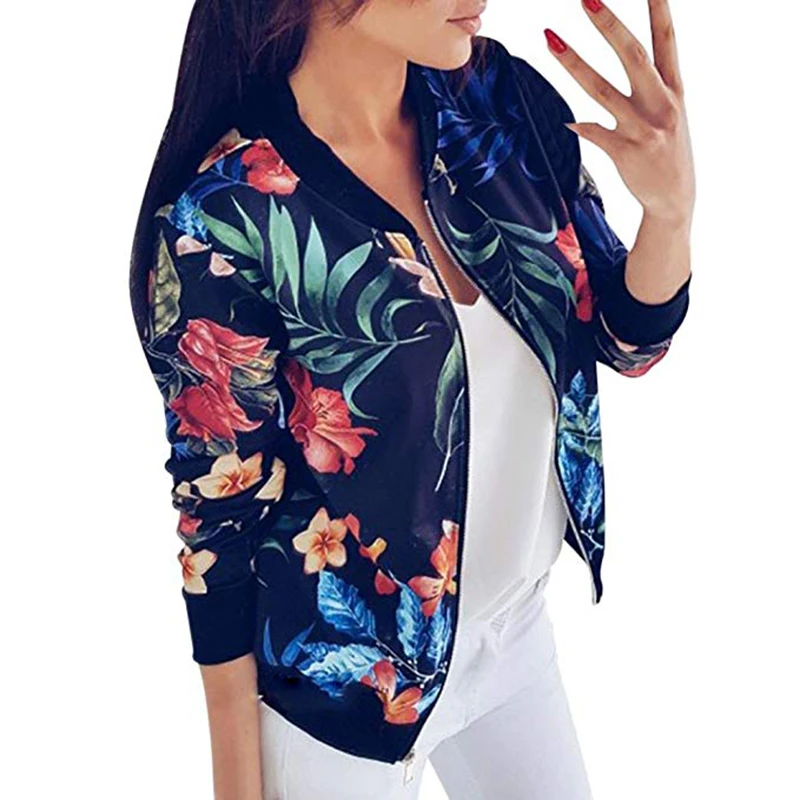 Women's Retro Floral Print Thin Zipper Jacket-0