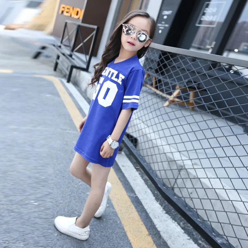 Детское летнее хлопковое Спортивное Повседневное платье с короткими рукавами для девочек детское Пляжное Платье милое платье-рубашка принцессы Одежда для девочек
