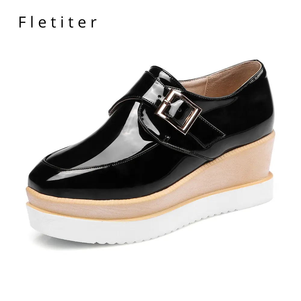 

Women Wedge Platform Oxford Brogue Genuine Leather Slip on High heel Shoes Pointed Toe Increasing Creepers Black Autumn Fletiter