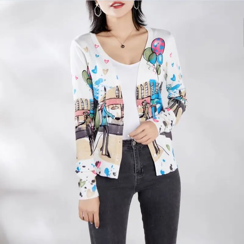 

2019 New Long Sleeves Women Cardigans Romantic Dating Love Balloon Print Sweater V Collar Knitting Cardigan Female Top