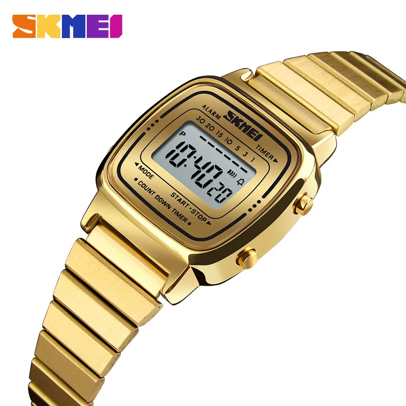 SKMEI известный роскошный Топ бренд Reloj Mujer женские часы водонепроницаемые обратного отсчета светодиодные цифровые женские часы женские наручные часы - Цвет: Gold