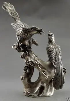 

Collectible Decorated Old Handwork Tibet Silver Carve Pair Magpie On Tree Statue