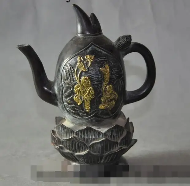 

S05833 6" china chinese bronze gilt Lotus boy lad statue Fantastic Rice wine pot Flagon