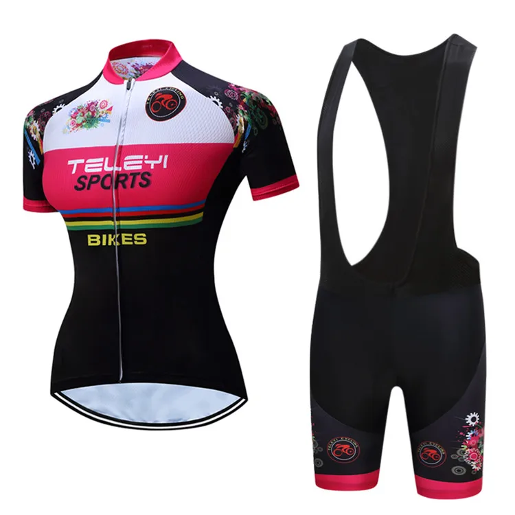 1 Black with Fashion Flower Printing Bicycle Jersey Set Outdoor Sportswear Short Sleeve Suite Quick Dry Ropa Ciclismo (5)