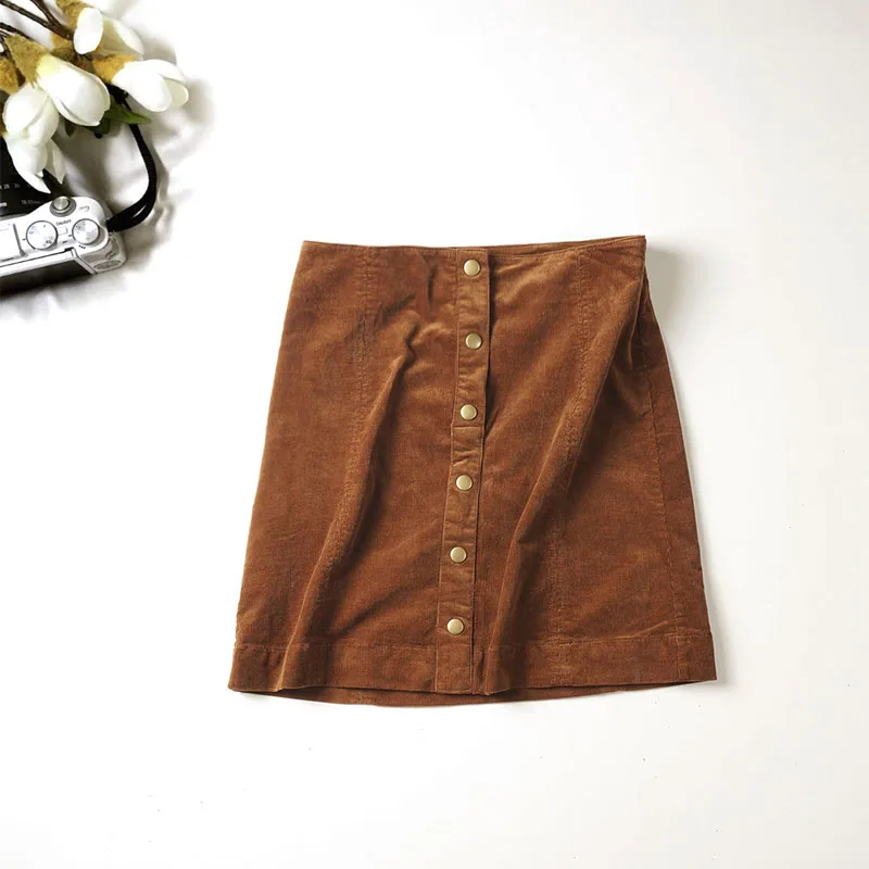

2019 Autumn New Arrival Women Fashion Casual Single Breasted Corduroy Skirts, Female Quality Vintage High Waist Slim Mini Skirts