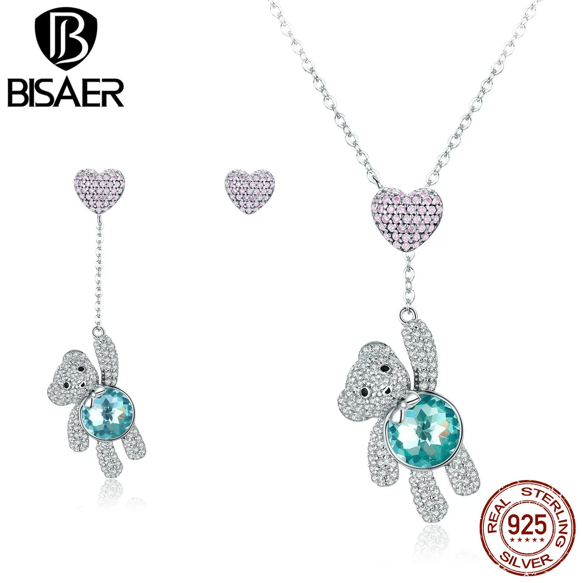 

4 PCs Neckalce and Earrings 925 Sterling Silver Pink Romantic Heart Balloon Teddy Bear Jewelry Set Girl Jewelry Luxury Bijoux
