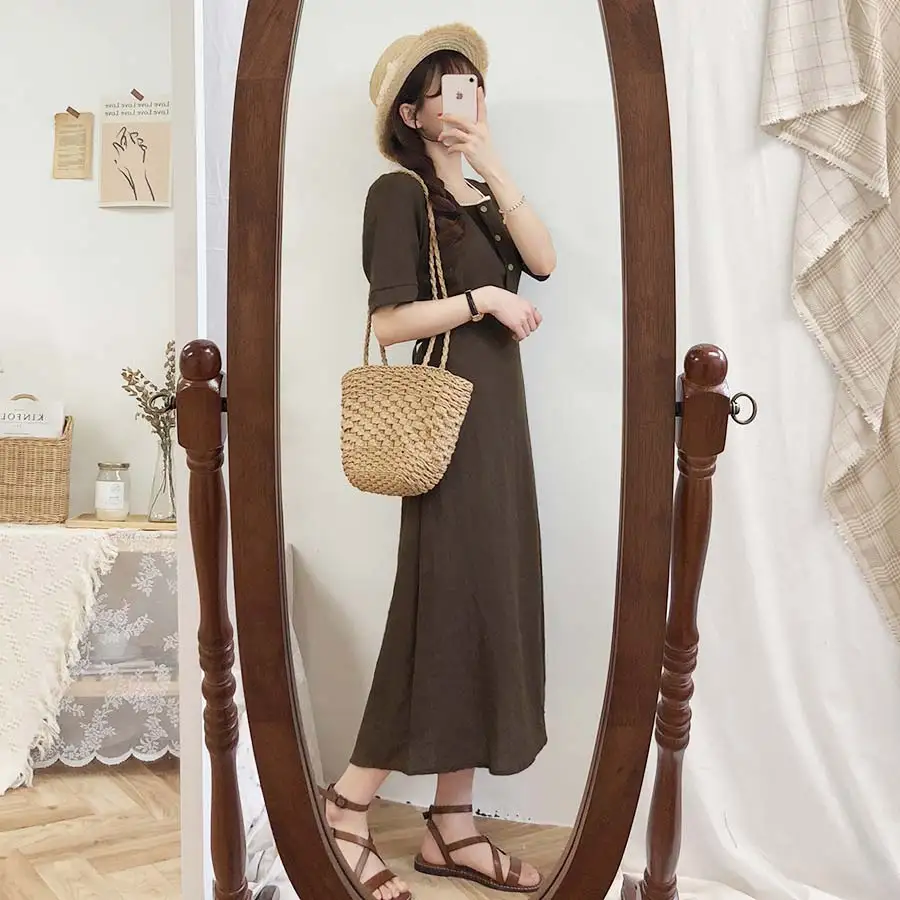 

Plus size New Summer Dress Girls Boho Party Cotton Linen Female Vintage Dress Brown Short Sleeve Women Dresses Long Robe Vestido