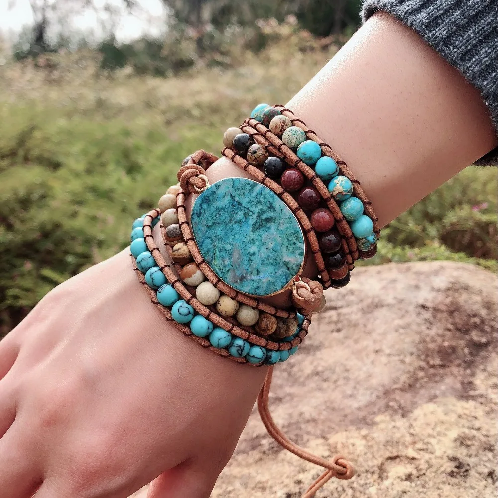 Women Wrap Bracelets Natural Stone Weave Boho Multilayers Leather Bracelets