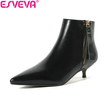 

ESVEVA 2019 Women Boots Pointed Toe Thin Med Heels Zipper Shoes Ankle Boots Spring Autumn Shoes Concise Ladies Boots Size 34-43