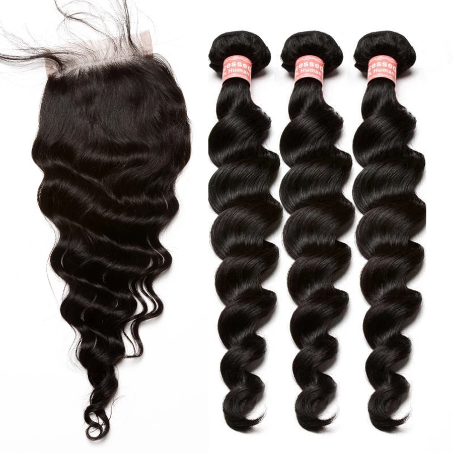 Brazilian Virgin Hair Weave 3 Bundles With Closure Loose