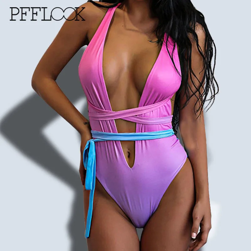 PFFLOOK Sexy One Piece Swimsuit Women Bandage High Quality Swimwear
