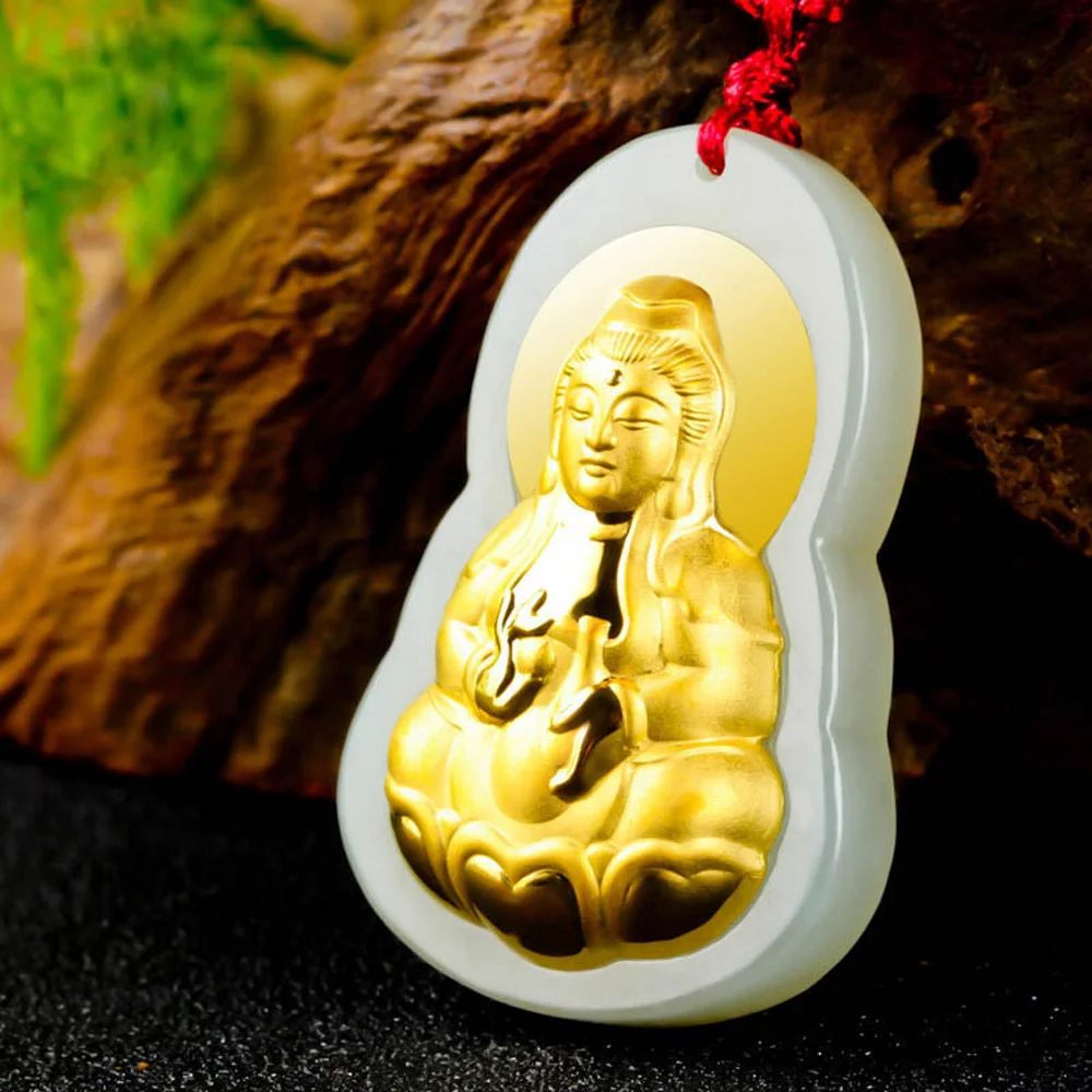 XinJiang HeTian Jade GuanYin Pendant Necklace Jade Buddhist Lucky Amulet Necklace with Chain for Men Women Gift
