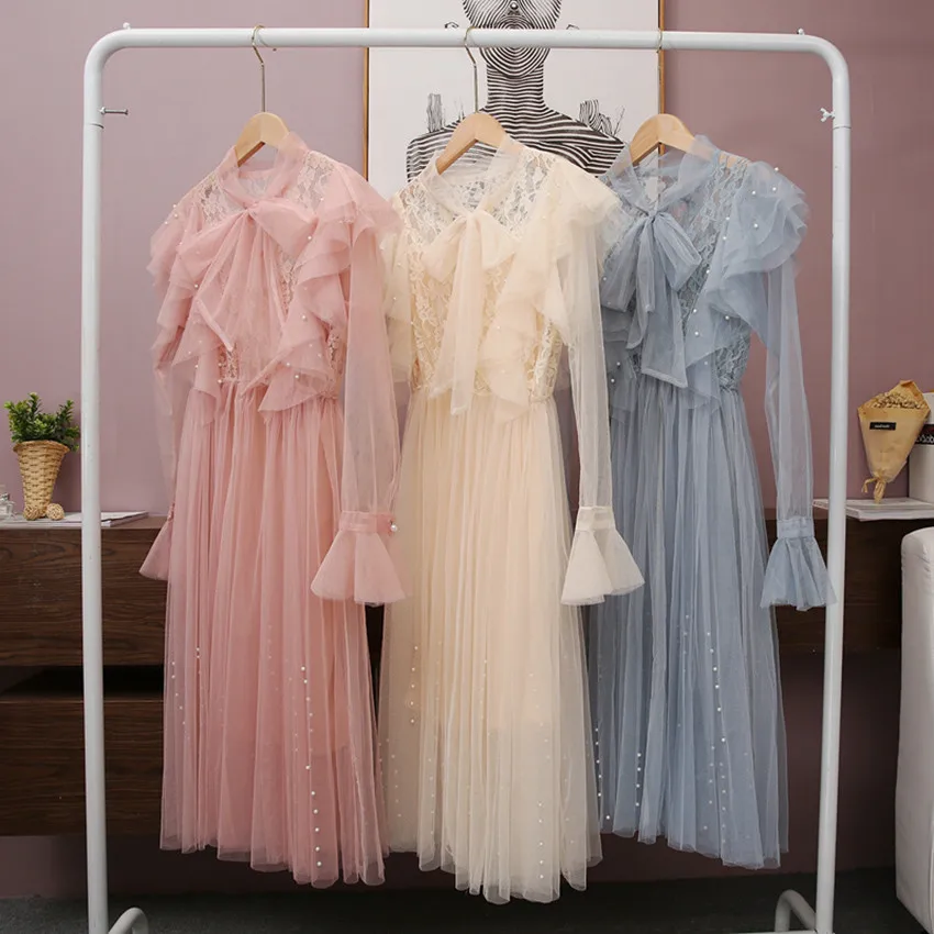 

2019 Spring Fairy Dress Women Long Sleeve Elegant Dress Sexy Sheer Pearl Pink Mesh Dresses High Quality Fashion Robe Femme