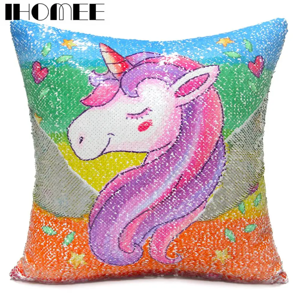 

IHOMEE Sequins Unicorn Cushion Cover 40*40 Decorative Mermaid Pillows For Sofa Reversible Pillowcase Home Decor Drop Shipping