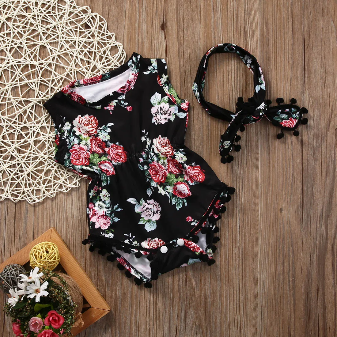 

2018 Summer Fashion Baby Girls Floral Romper Jumper Jumpsuit Headband Outfits Clothes Sunsuit