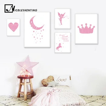 

NICOLESHENTING Fairy Canvas Poster Pink Heart Castle Nursery Wall Art Print Painting Cartoon Picture Girls Bedroom Decoration