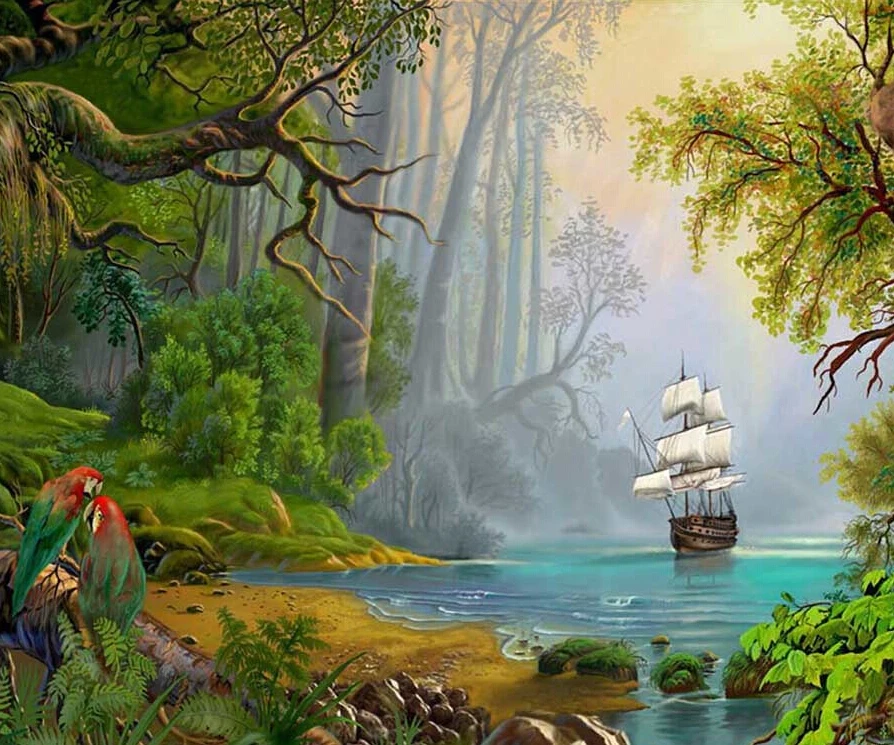 

5D Diy Diamond Painting Sailing Ship Boat River Parrot Cross Stitch Landscape Full Mosaic Square 3D Drill Rhinestone Embroidery