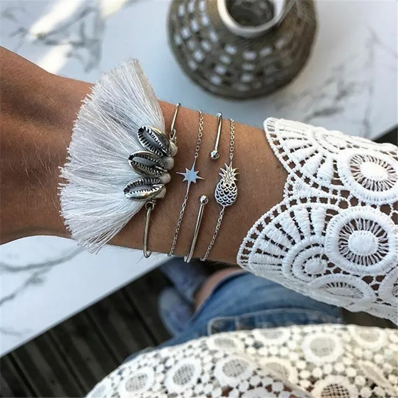 

GIVVLLRY 4 pcs/set Pineapple Star Charm Bracelets for Women Bohemian Jewelry Ethnic White Tassel Shell Geometric Bangles Set
