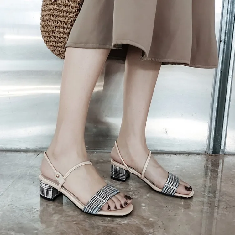 

Big Size 9 10 11 12 high heels sandals women shoes woman summer ladies Chequered sandals with thick heels