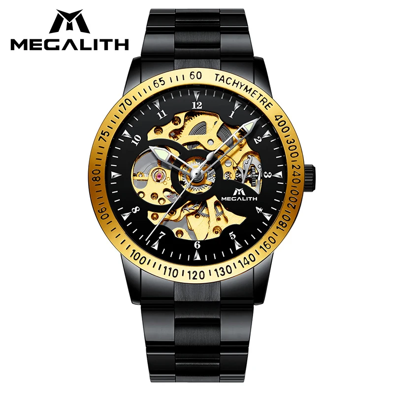 

MEGALITH Luxury Gold Case Hollow Mechanical Watch Men Military Sport Waterproof Automatic Wrist Watch For Men Relogio Masculino
