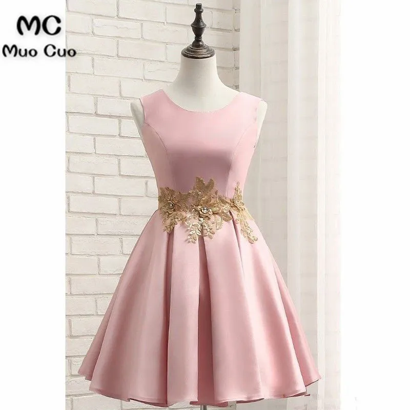 Pink Short Satin Homecoming Dress with Gold Applique
