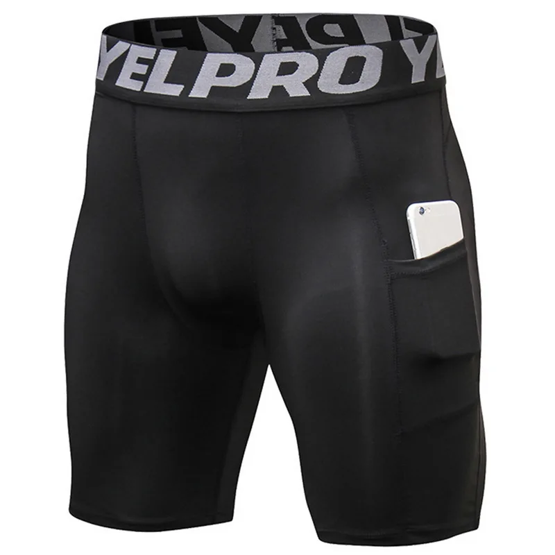 Брендовые новые мужские спортивные тренировочные шорты для спортзала с карманом для телефона, облегающие шорты для фитнеса, однотонные спортивные беговые колготки 3XL - Цвет: Black