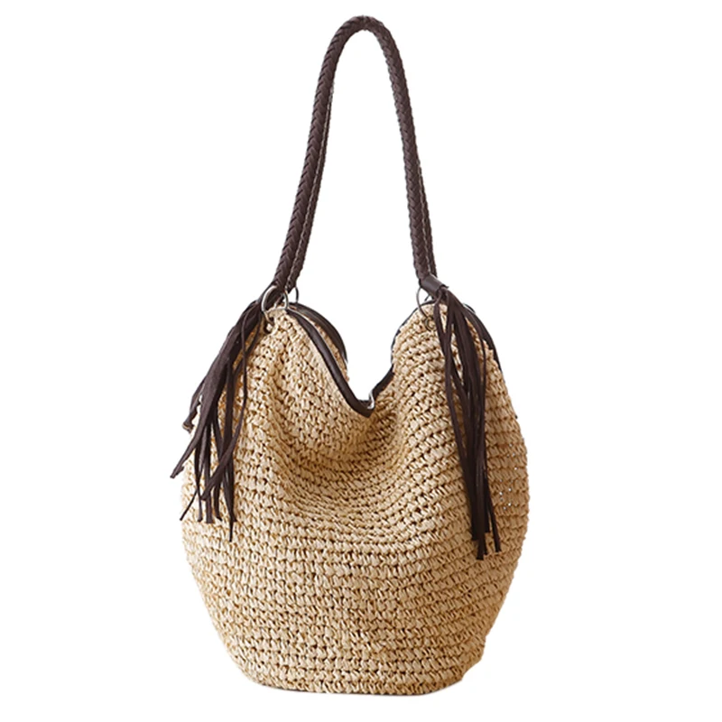 

Big Straw Beach Bags Women Handbags Summer Fashion Female Casual Women'S Bags Shoulder Bag Tassel(Beige)