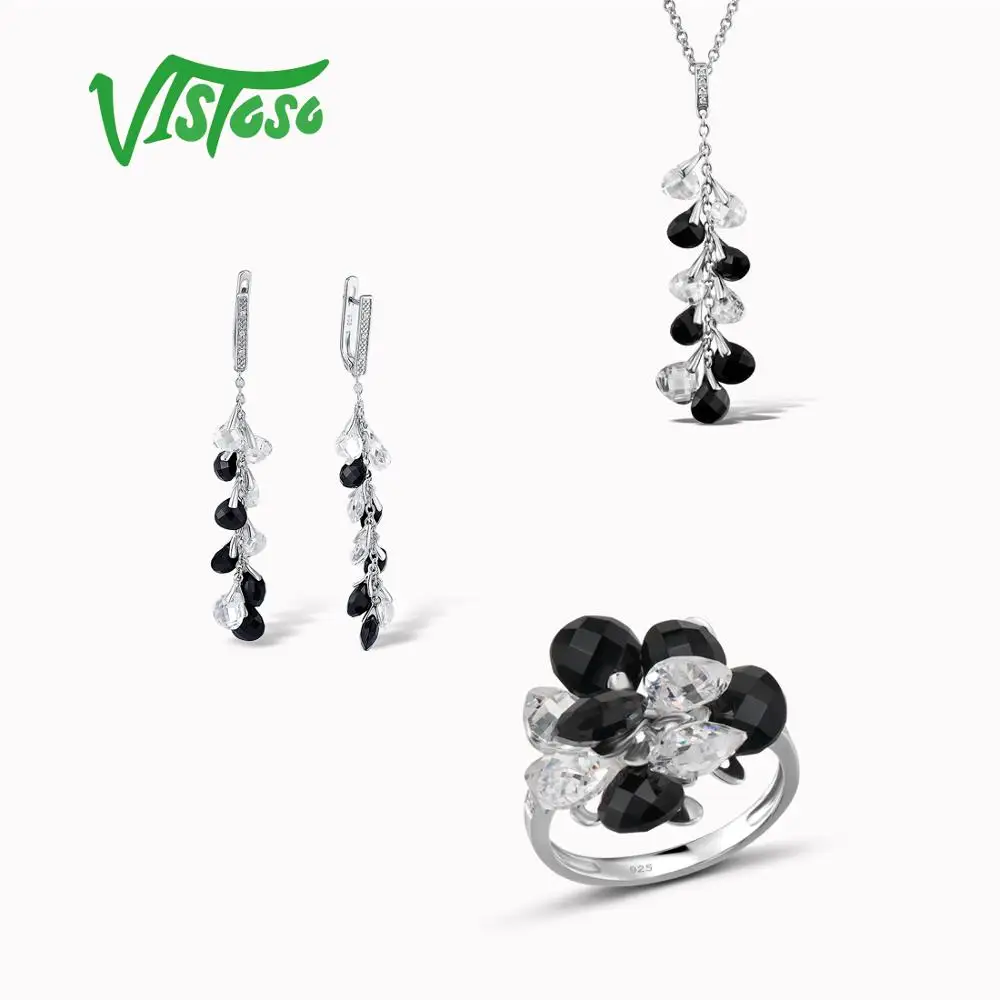 

VISTOSO Jewelry Sets For Woman Sparkling luxury Black Onyx Earrings Pendant Ring 925 Sterling Silver Fashion Fine Jewelry