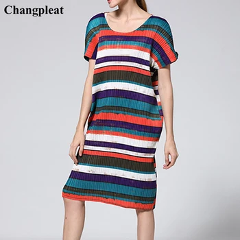 

Changpleat 2019 summer New loose stripe Dress Miyak Pleated Fashion Design O-neck Large Size Elastic waist Female Dresses Tide
