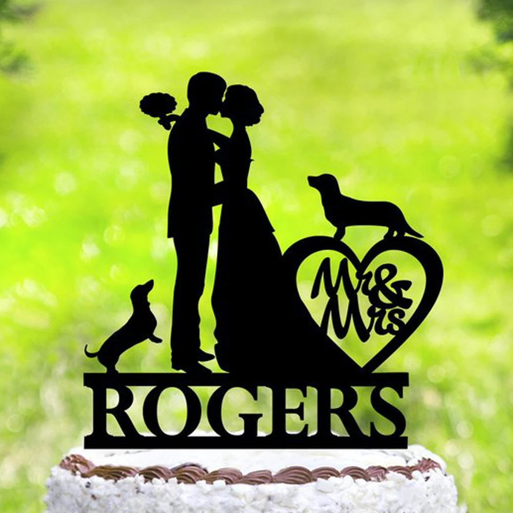 Personalized Wedding cake topper with dogs,Custom last name silhouette cake topper for wedding with pets,bride&groom cake topper