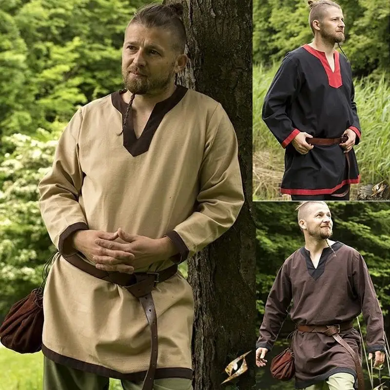 

Medieval Costume Robe Men Shirt Long Sleeve Loose Robe Vikings Celtics Cosplay Tunic Pirate Warrior Knight Male Tops+belt S-5XL
