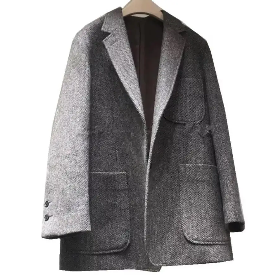 

Autumn winter loose thick wool small suit women retro plaid warm notched collar loose blazer