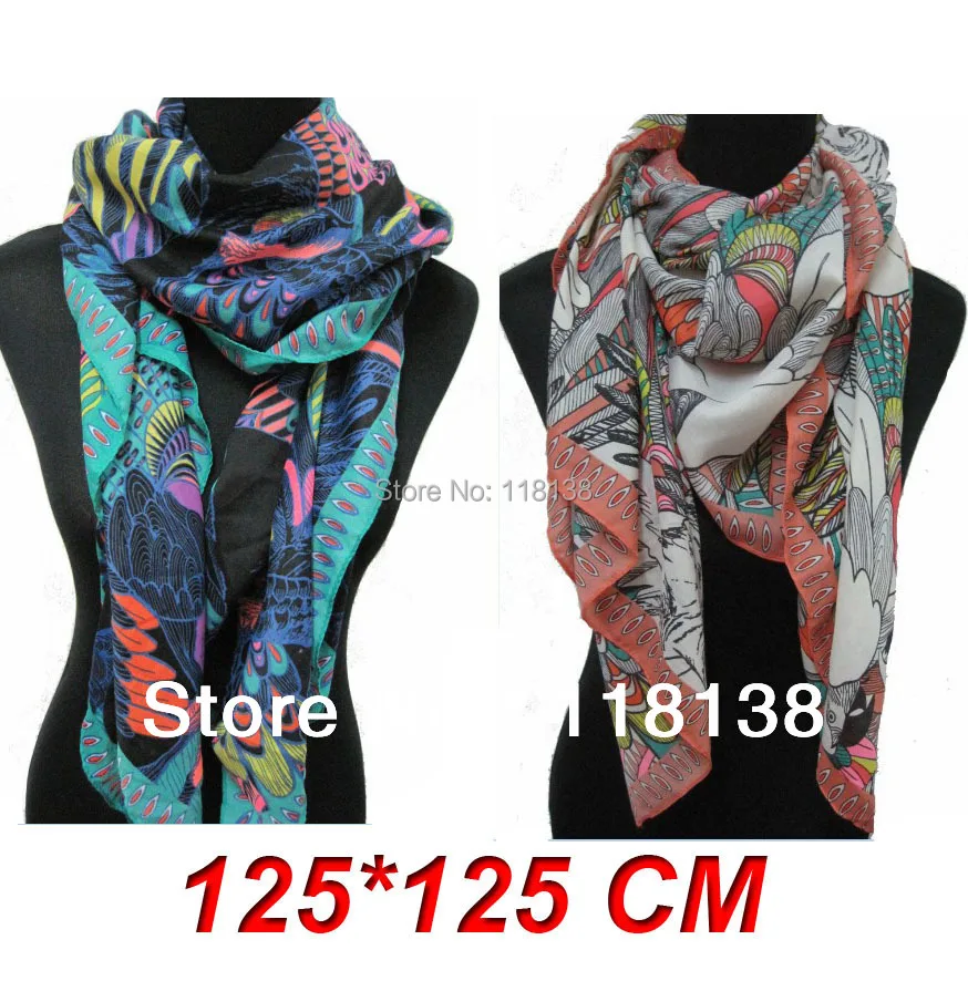 

5pieces/lot New Fashion Color Parrot Bird Print Ladies Scarf Shawl 125*125cm, Free Shipping