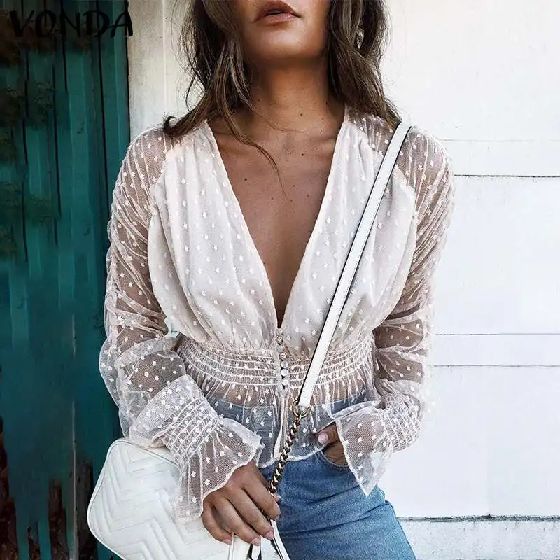 

VONDA Women White Lace Blouses Black Mesh Shirt 2019 Casual Long Sleeve Patchwork Tops Chic Blouse Sexy Tops Blusas Plus Size