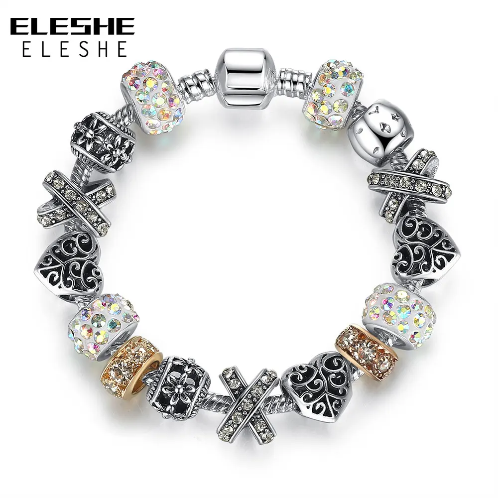 

ELESHE Tibetan Silver Charm Bracelet & Bangle With Heart Bead Murano Glass/Crystal Charm for Women Wedding Vintage Jewelry