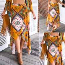 Летние юбки с высокой талией Корейская эластичная юбка в стиле бохо Летняя Повседневная пляжная Макси Длинная юбка с цветочным принтом Y529