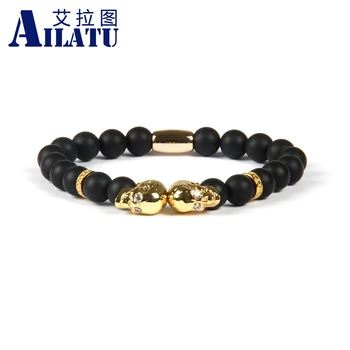 

Ailatu Fashion Jewelry Wholesale 8mm Matte Onyx & White Marble Stone Beads Micro Pave Double Skull Beaded Bracelet for Men