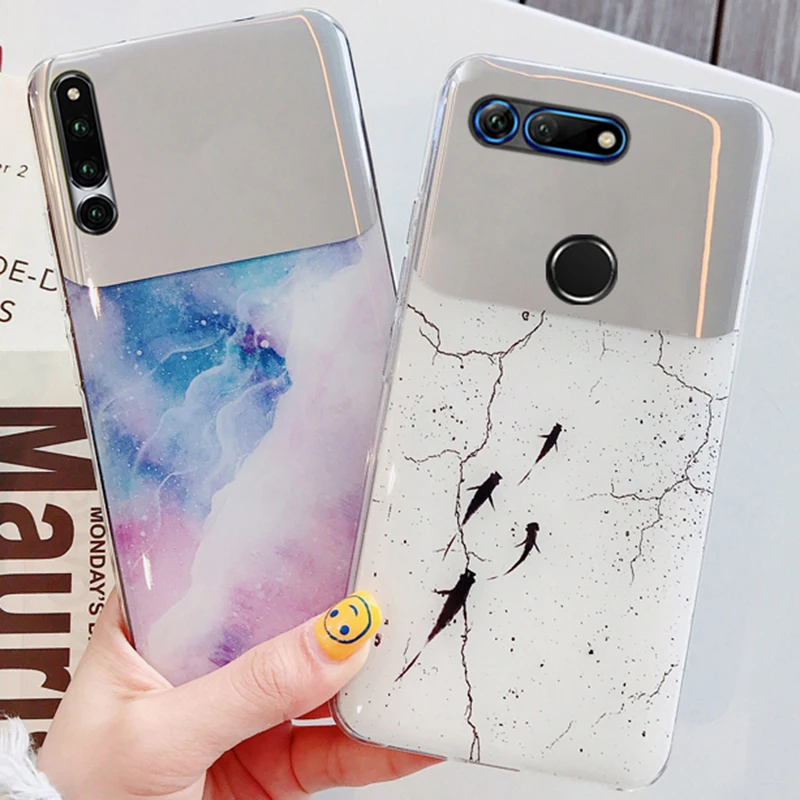 

TRISEOLY Small Mirror Fish And Color Marble Pattern Case For Huawei Honor V20 Case Bumper For Honor View 20 Case Soft Edge Cover