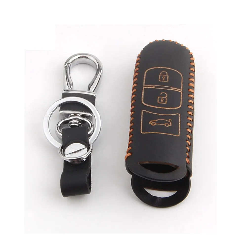 

Yellow / Blue / Red / Black Thread Leather 3 Button Car Smart Remote Key Chain Holder Case Cover Shell Bag For 3 5 6 car styling