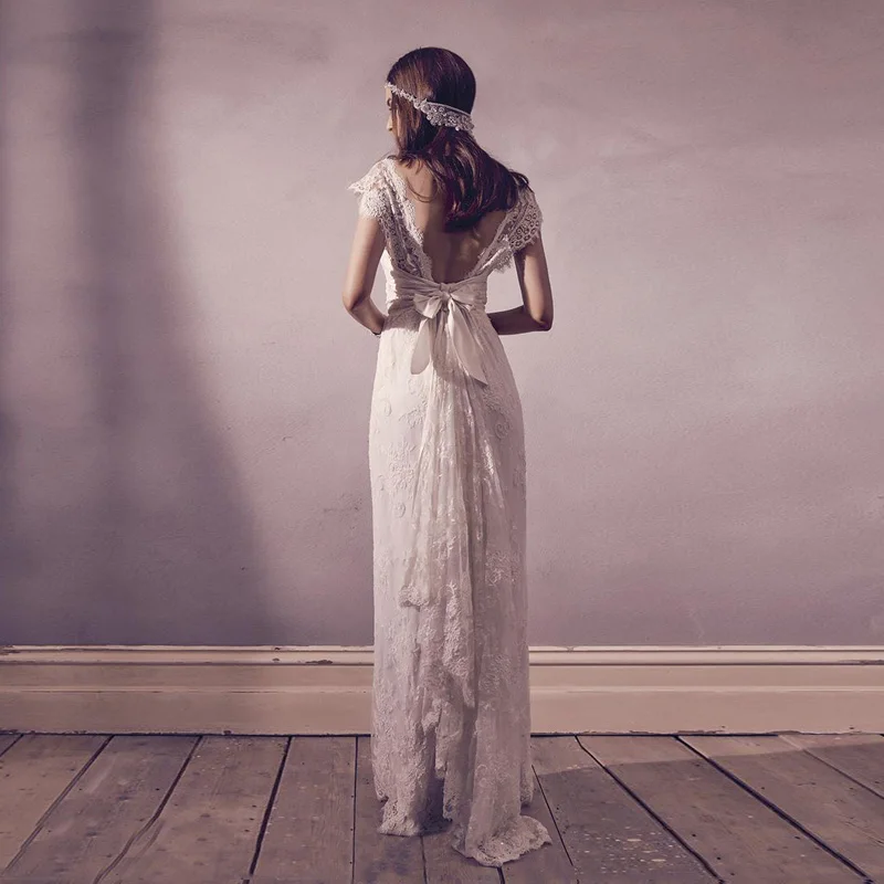 Винтажное кружевное богемное свадебное платье наивысшего качества, сексуальное свадебное платье с v-образным вырезом, богемные колпачковые втулки без спинки, Пляжное свадебное платье Aline