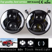 Круглый 7 дюймов 60 Вт светодиодные фары H4 H13 головного света для джипов Harley Ангел глаз(Подол короче спереди и длиннее сзади) ЛУЧ гало кольца для фары от мотоцикла Harley