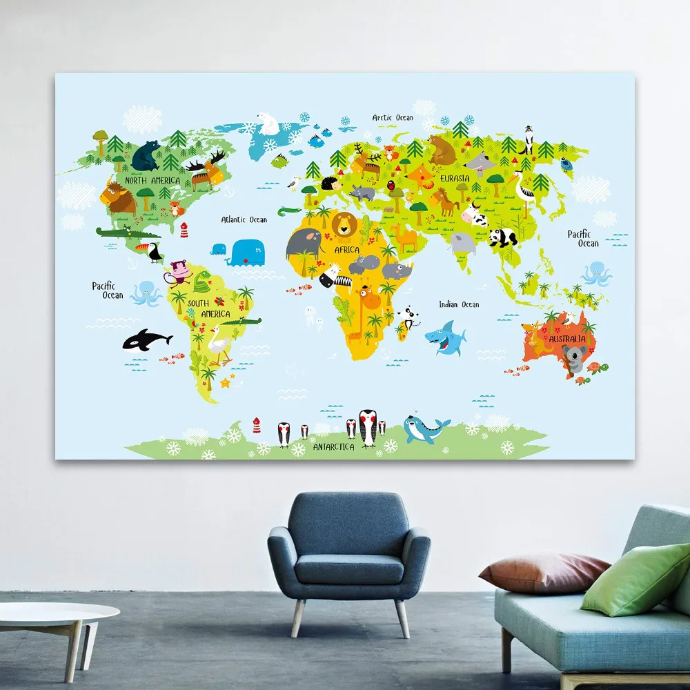 Canvas Art Print Painting Poster, Cartoon Children Kawaii Animals World Map, Wall Pictures For Kids Room Home Decoration