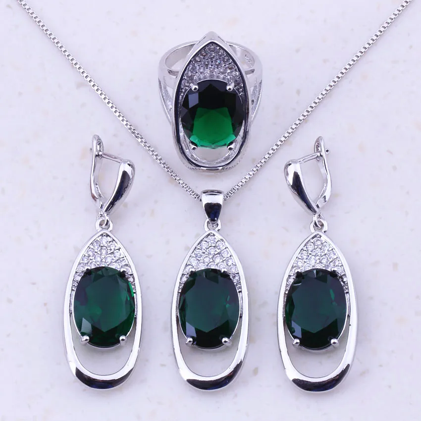 

Amazing Deep Green Imitation Emerald & CZ 925 Sterling Silver Jewelry Sets For Women Fashion Party Jewelry Free Gift Box J0017