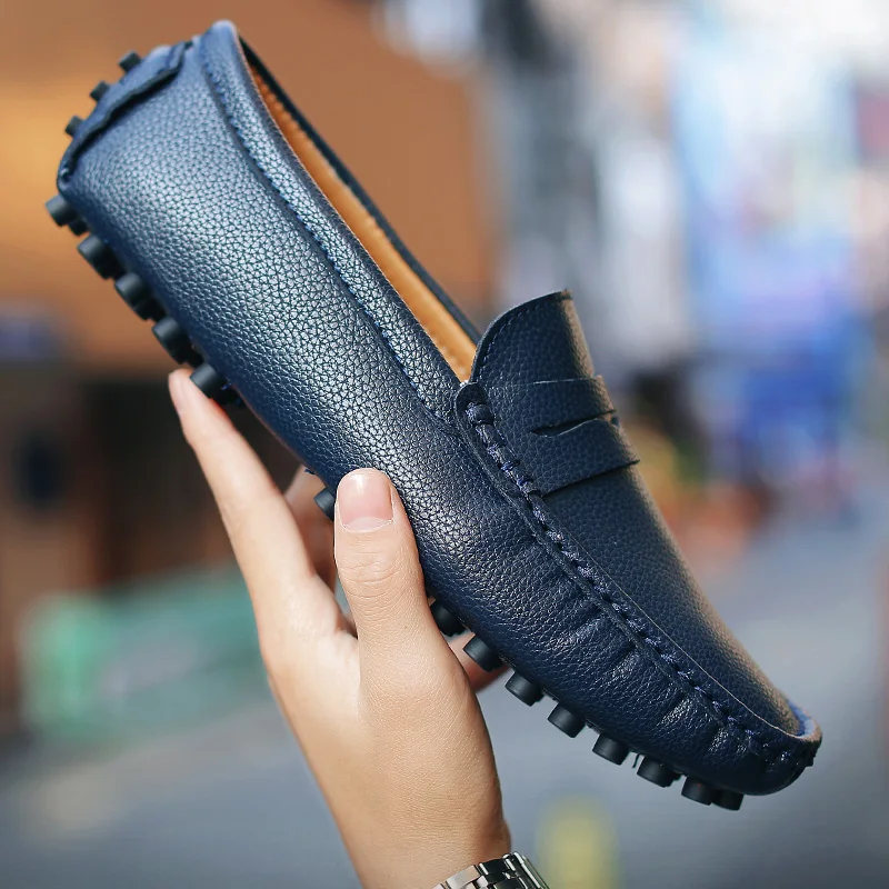 Мужская обувь из натуральной кожи роскошные брендовые итальянские повседневные мужские лоферы, Мокасины, дышащие водонепроницаемые Мокасины без шнуровки черные, большие размеры 39-50 - Цвет: Синий