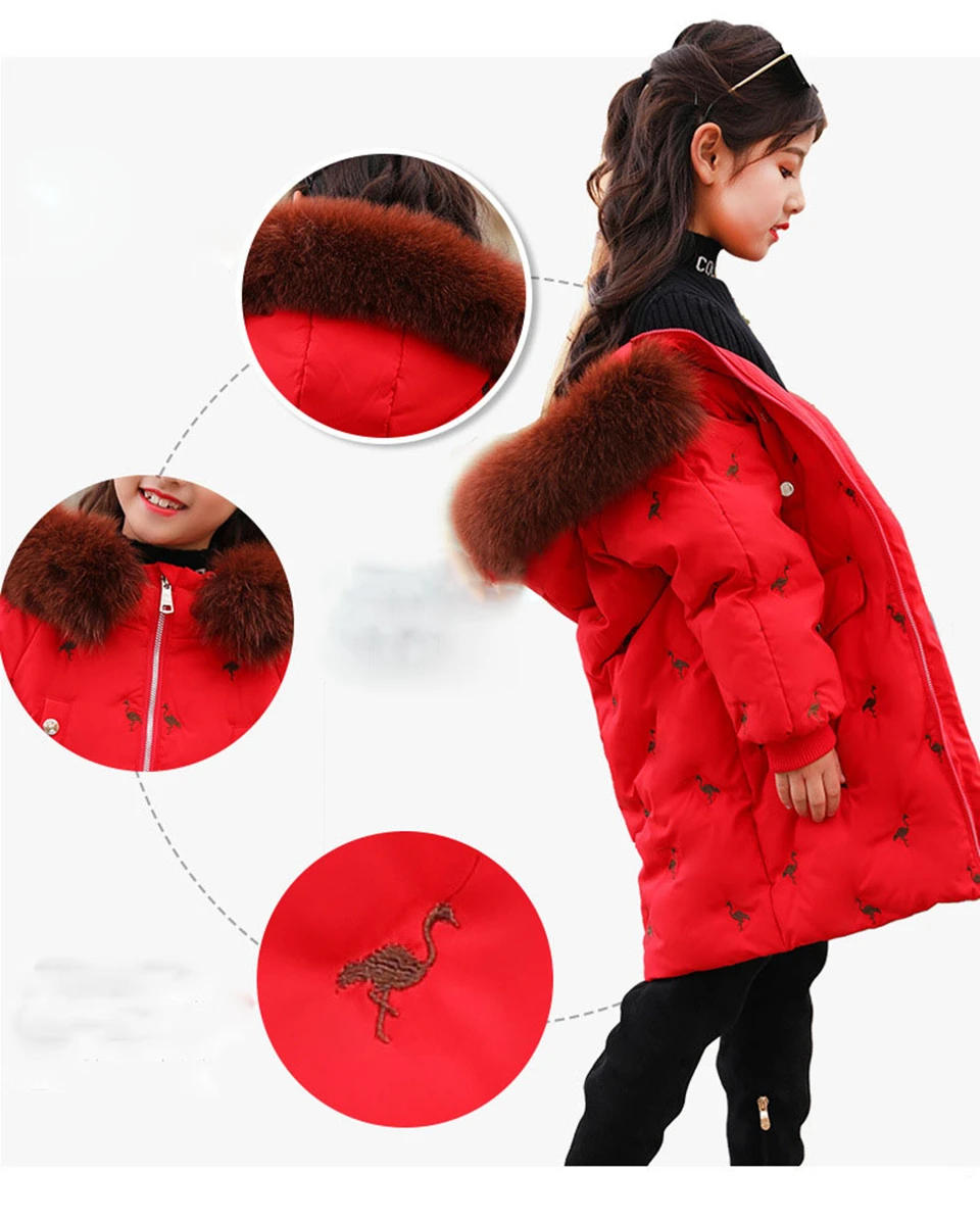 Girl Winter Jacket White Duck Down Coat Hooded Fur Children Outwear Teenage Fashion Parka Kids Snowsuit New- 30 Overcoat