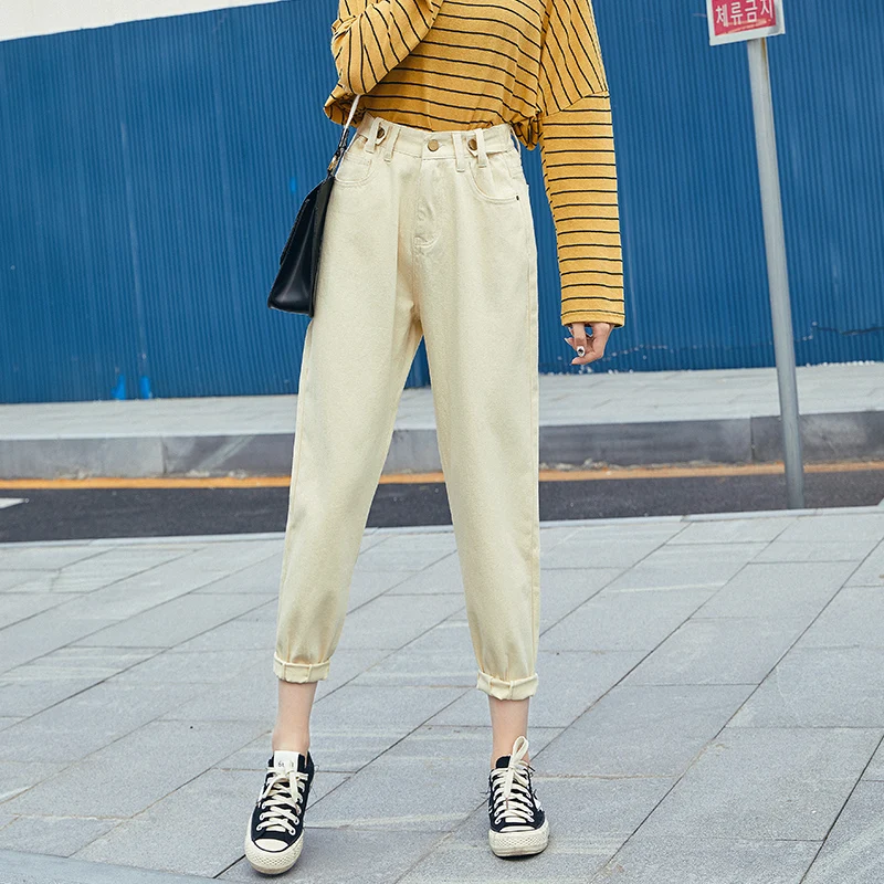 

2019 New White Jeans Adjustable Waist Women Jeans High Waist Boyfriend Pants Plus Size Lady Casual Harem Pants Mom