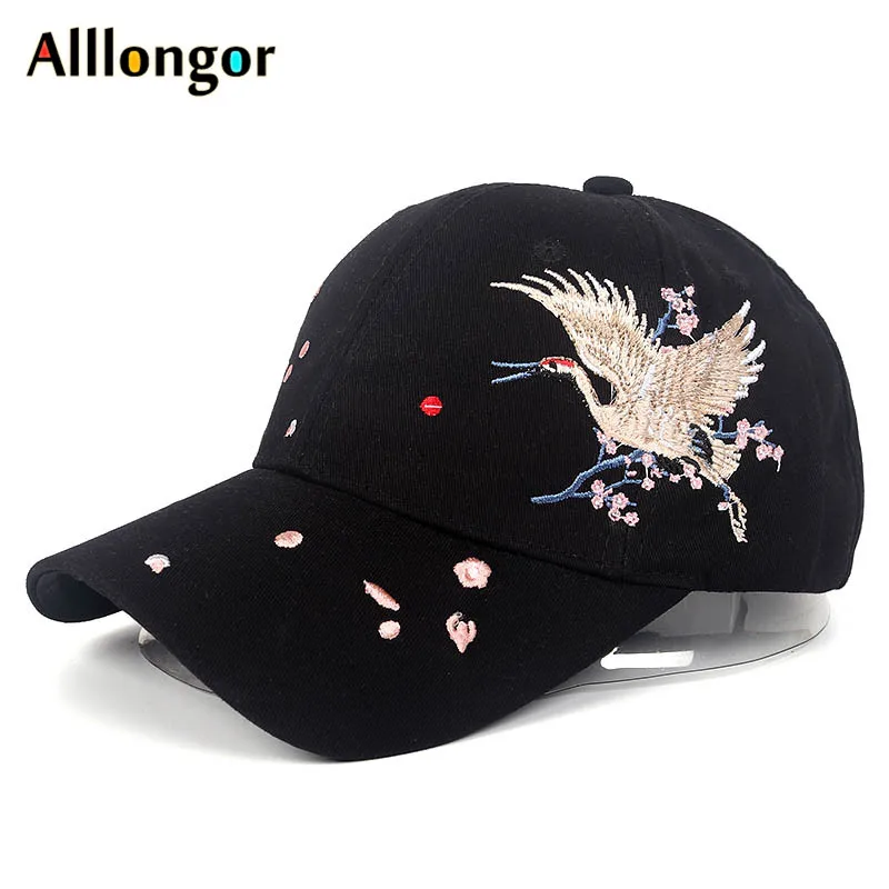 

2019 Summer Baseball Caps Women Hat Vintage Bird Crane Embroidery Animal Flora Print snapback Hip hop Black casquette femme